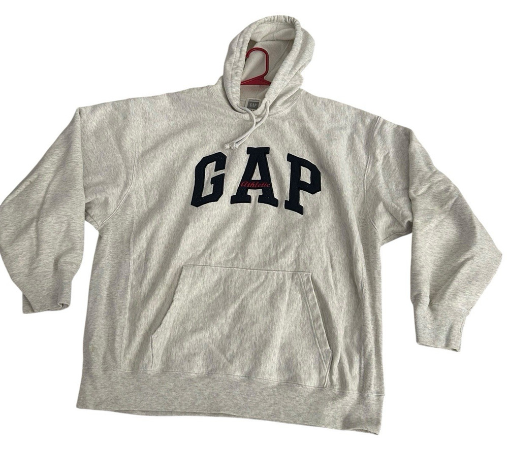 VINTAGE 90s GAP Athletic Sporty Fleece Hoodie Sweatshirt Heather Gray Heavy XL